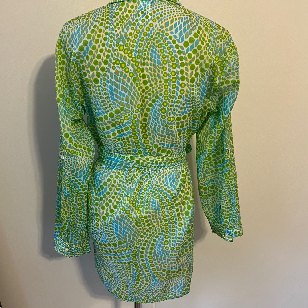 Trina Turk Green Yellow Button Front Shirt Dress Size Large cotton belted - Picture 5 of 8